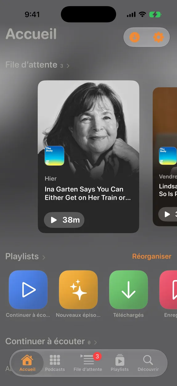 A real Fennec Cast Home screen with modular podcast sections — Dark