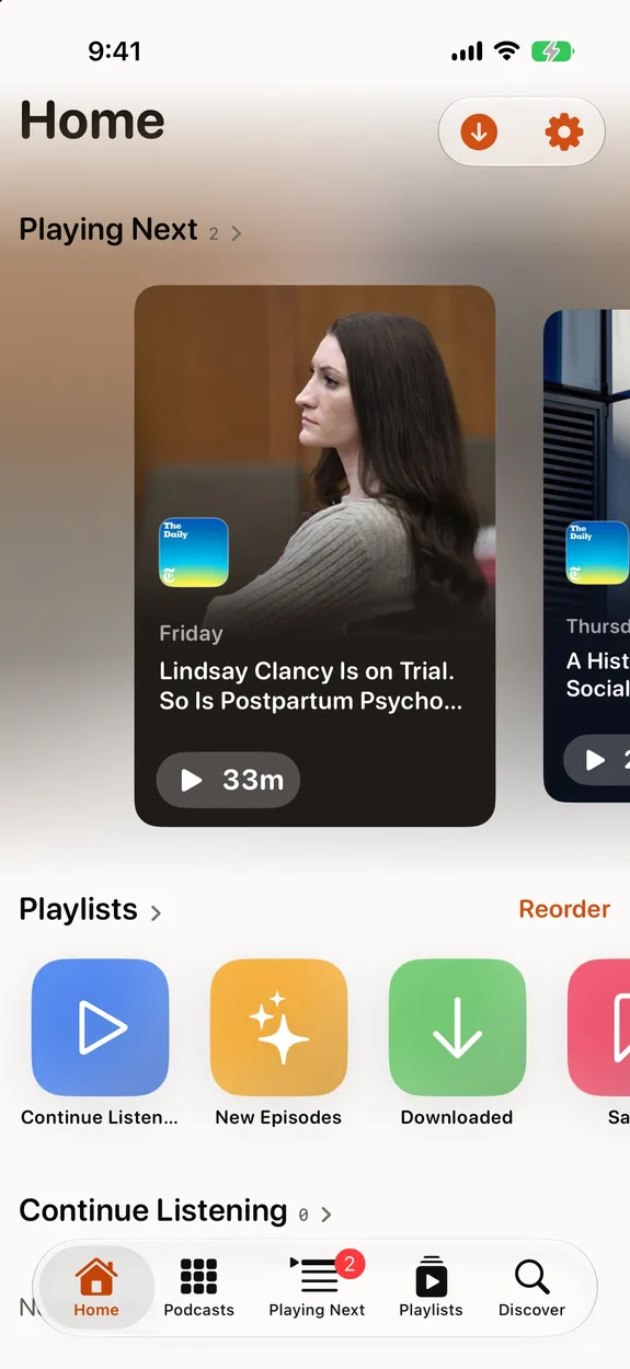 A real Fennec Cast Home screen with modular podcast sections — Light