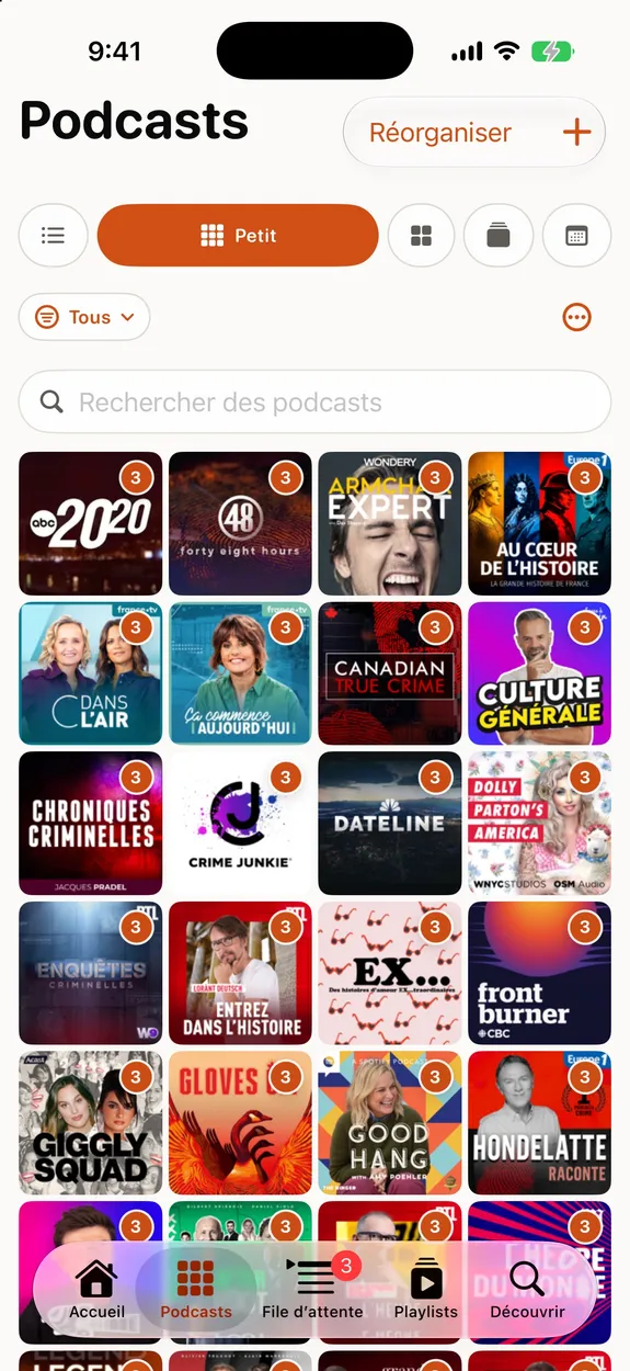 A real Fennec Cast Home screen with modular podcast sections — Rearranged